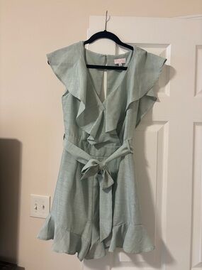 Ruffled V-Neck Belted Women's Romper in Sage Green